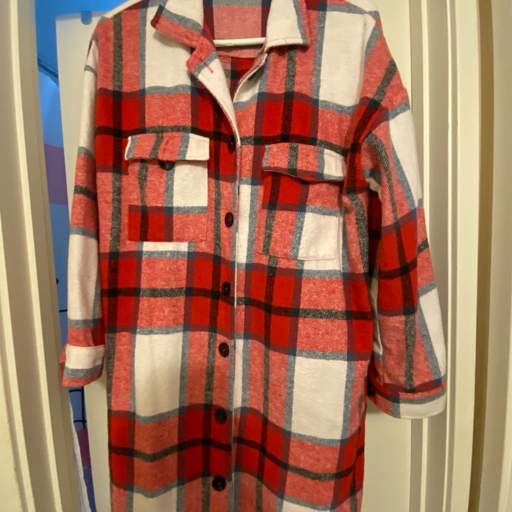 Red and White Plaid Button-Up Shirt Jacket